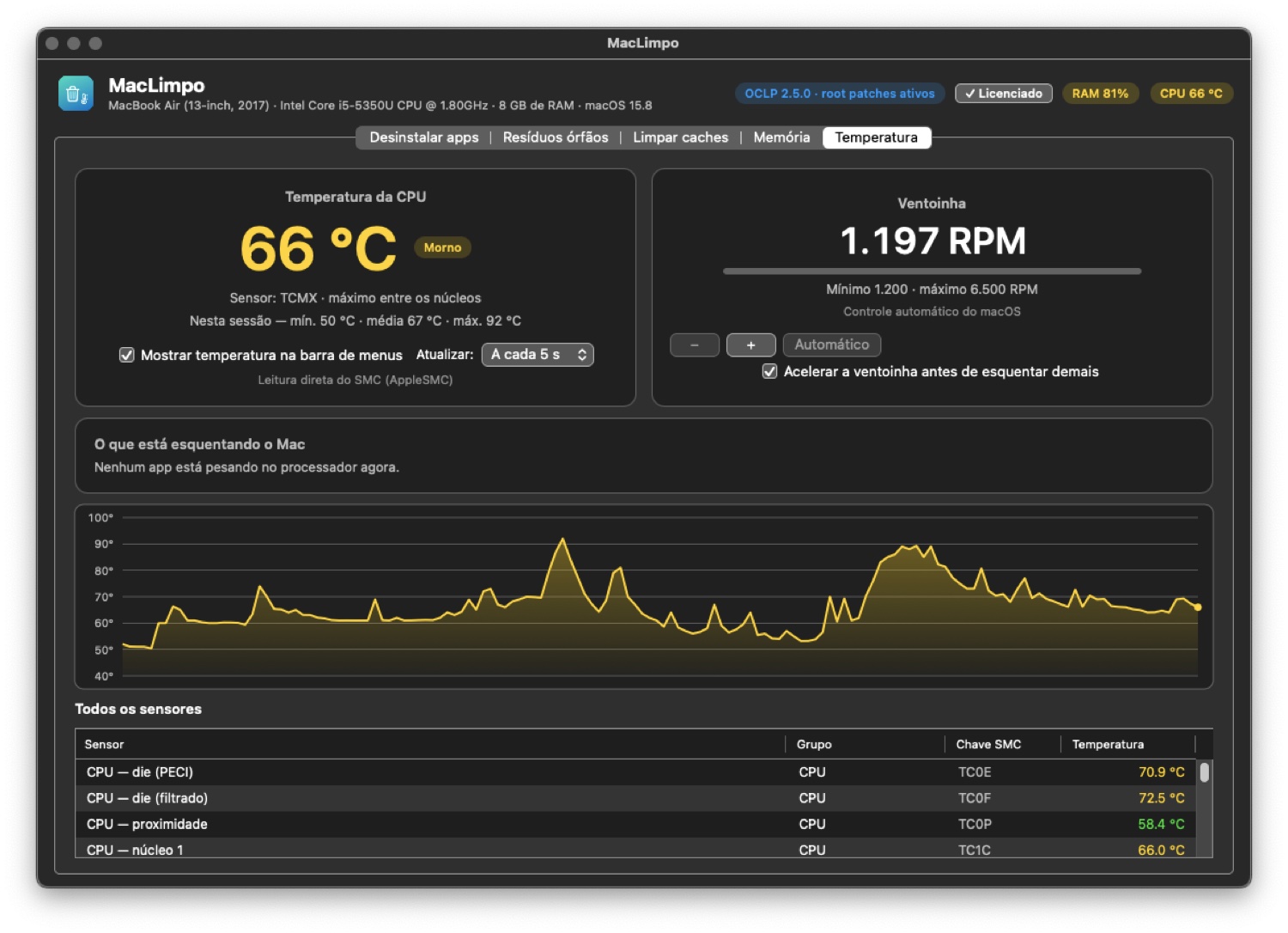 Temperatura da CPU no MacLimpo, com o card que mostra qual app está esquentando o Mac
